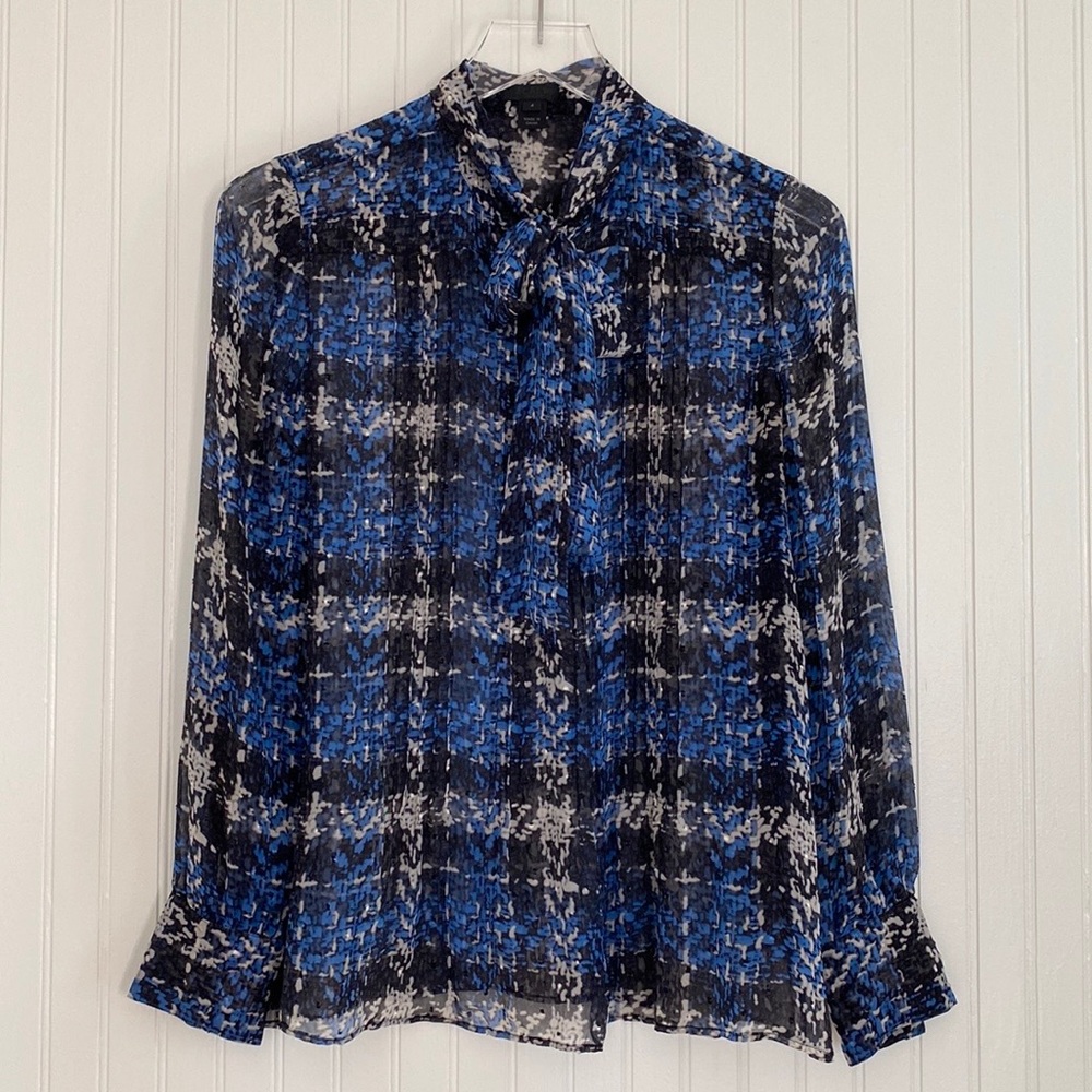 J. Crew Collection Popover Silk Swiss Dot Plaid Bow Top